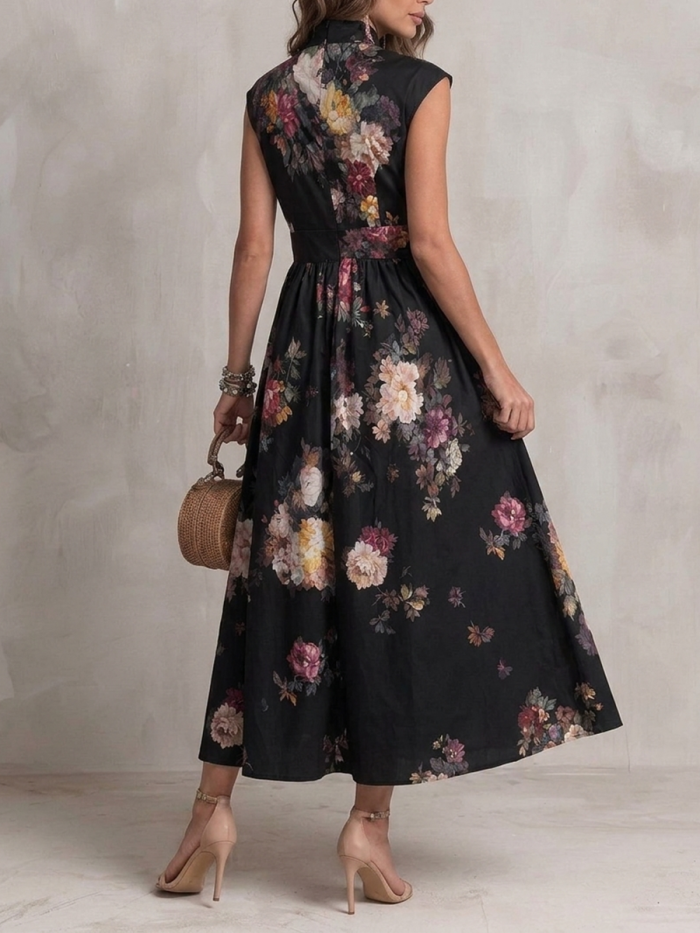 A-line Sleeveless Flower Print Hollow Pleated Pockets Split-Joint Stand Collar Maxi Dresses