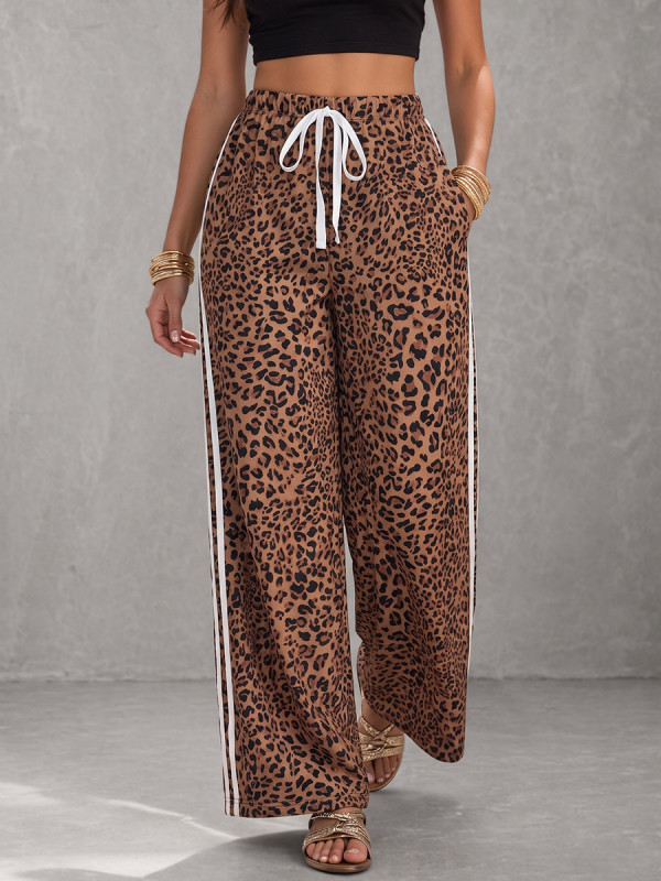 High Waisted Loose Contrast Color Drawstring Elasticity Leopard Pockets Striped Pants Trousers