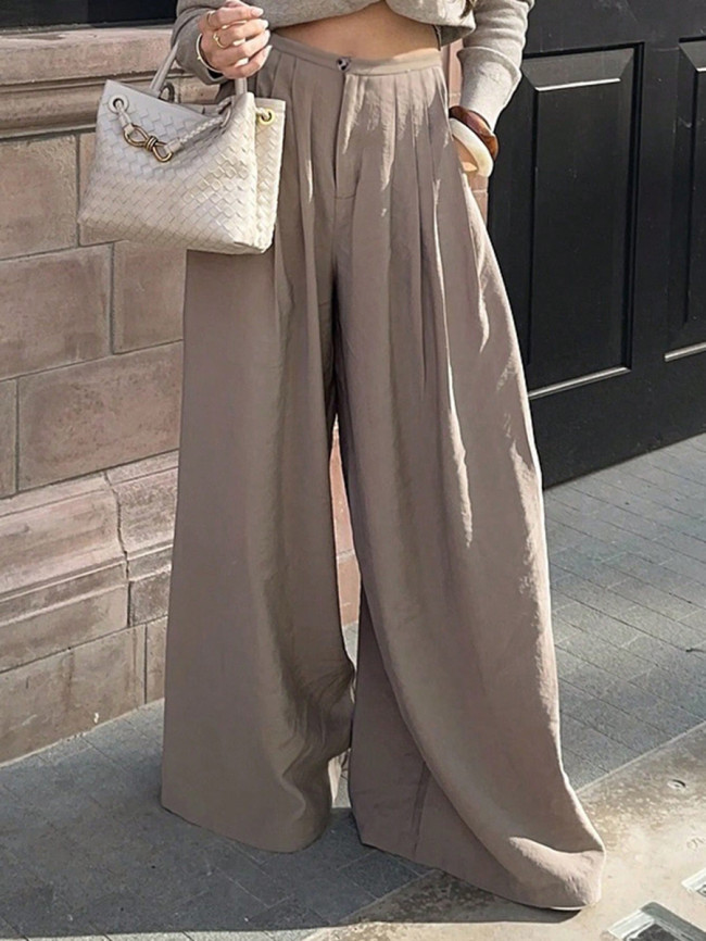 High Waisted Wide Leg Pleated Solid Color Pants Trousers