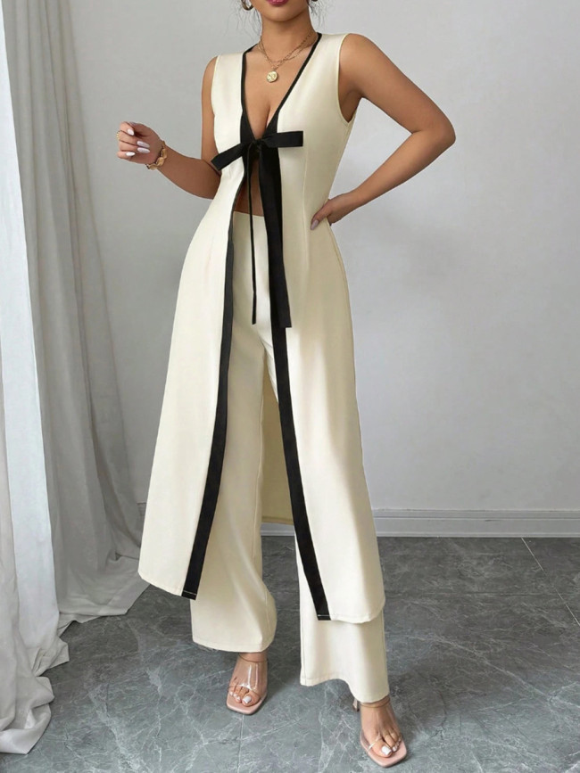 High Waisted Loose Contrast Color Tied Deep V-Neck Blouses&shirts Tops Pants Trousers Two Pieces Set