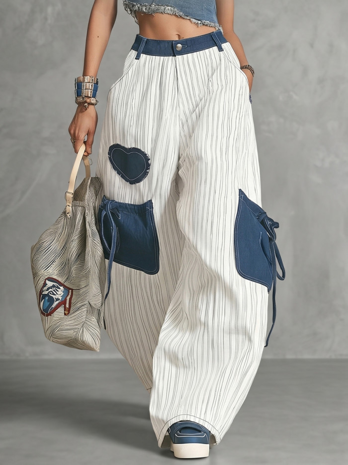 High Waisted Loose Buttoned Contrast Color Pockets Split-Joint Striped Tied Pants Trousers