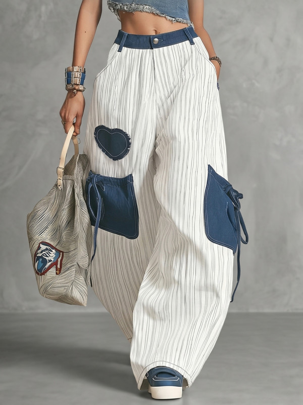 High Waisted Loose Buttoned Contrast Color Pockets Split-Joint Striped Tied Pants Trousers