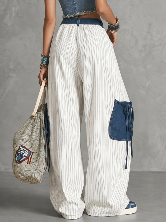 High Waisted Loose Buttoned Contrast Color Pockets Split-Joint Striped Tied Pants Trousers