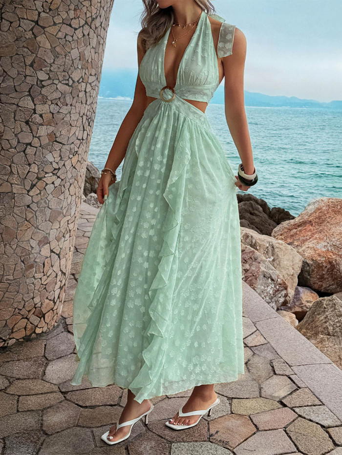 A-line High Waisted Backless Jacquard Solid Color Split-Joint Tiered Halter-Neck Maxi Dresses