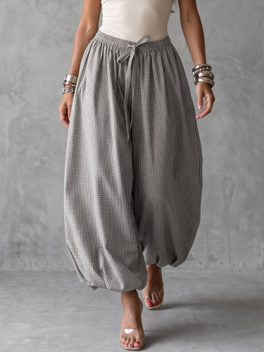 Loose Wide Leg Drawstring Elasticity Plaid Pockets Pants Trousers