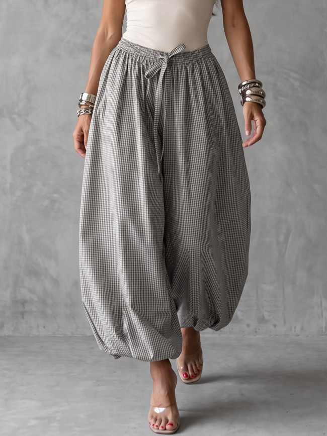 Loose Wide Leg Drawstring Elasticity Plaid Pockets Pants Trousers
