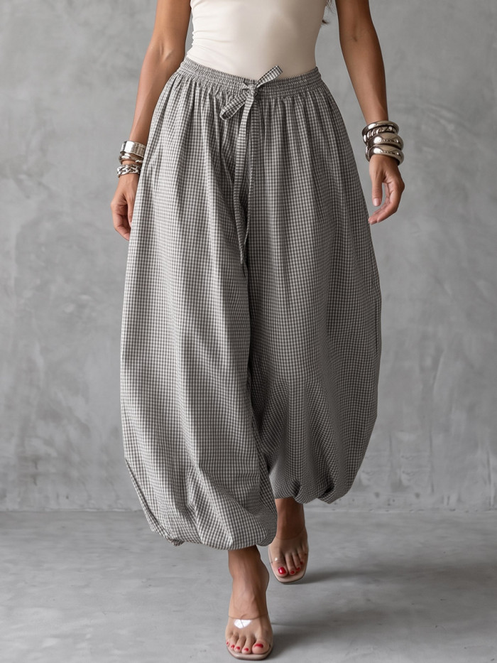 Loose Wide Leg Drawstring Elasticity Plaid Pockets Pants Trousers