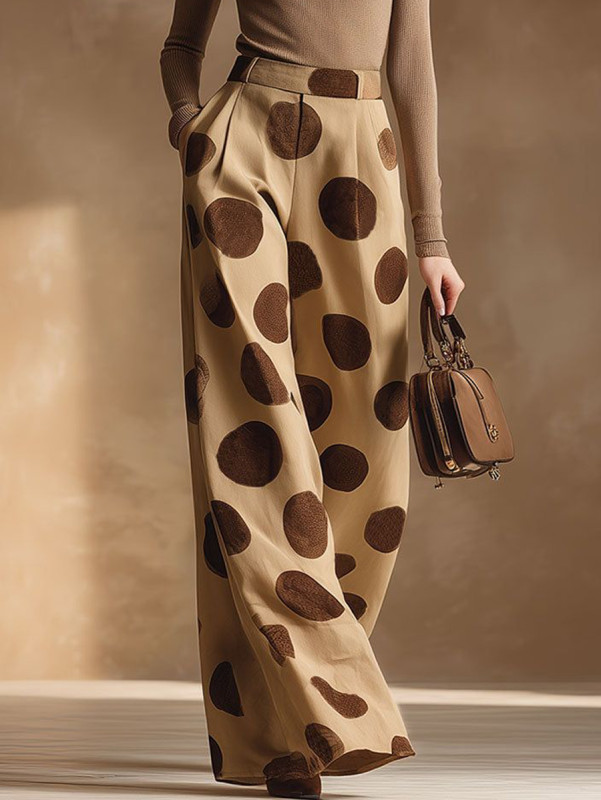 High Waisted Wide Leg Pleated Pockets Polka-Dot Pants Trousers