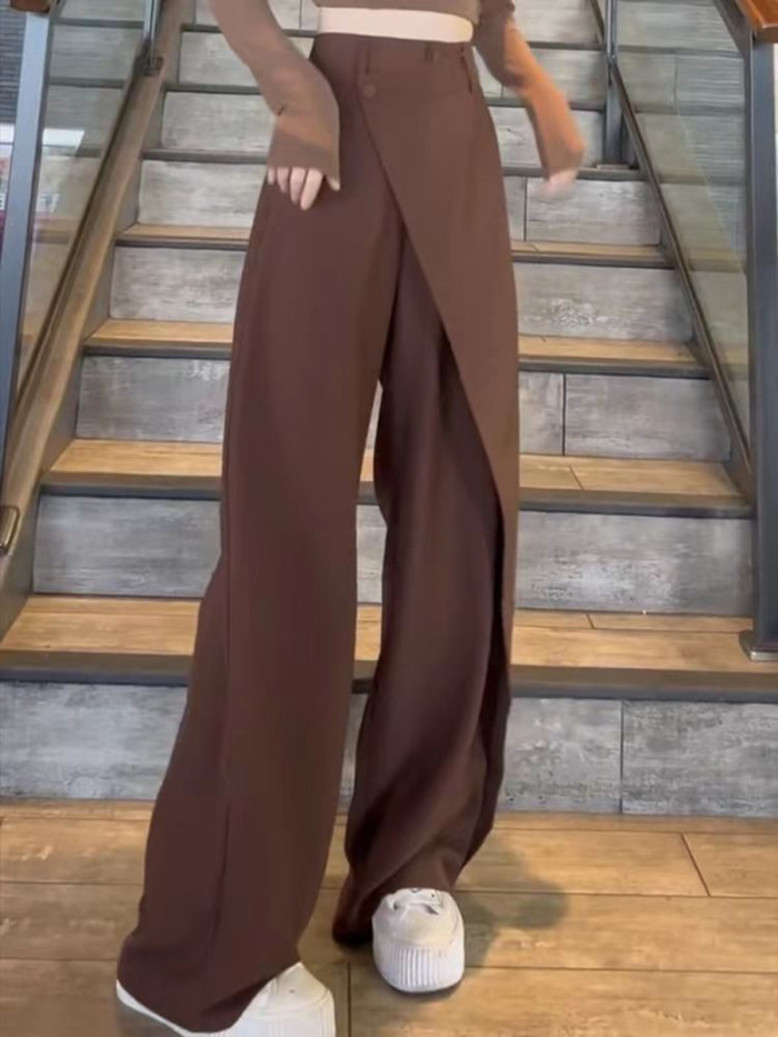 Split-Joint Solid Color Buttoned Wide Leg Irregularity Trousers Pants