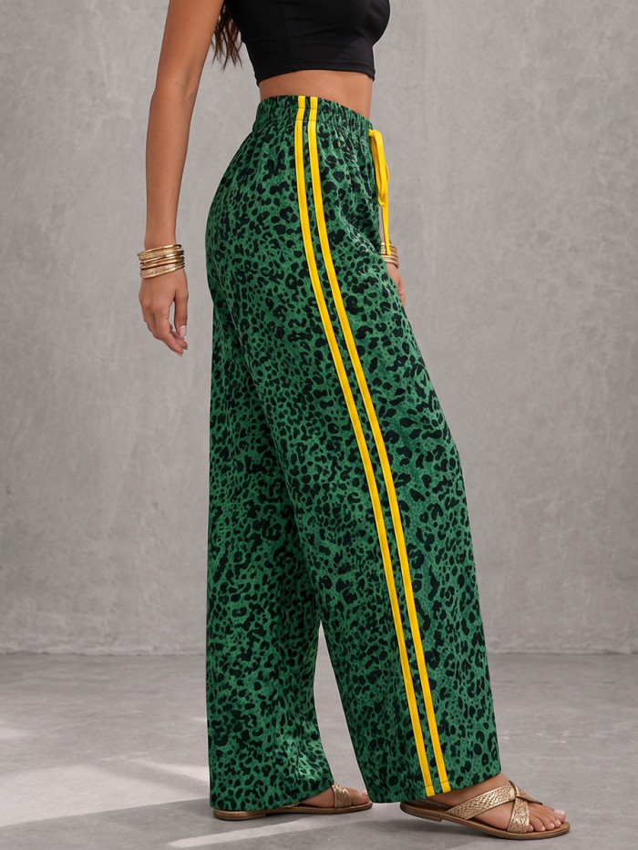 High Waisted Loose Contrast Color Drawstring Elasticity Leopard Pockets Striped Pants Trousers