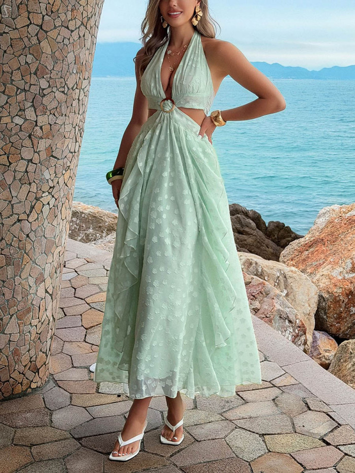 A-line High Waisted Backless Jacquard Solid Color Split-Joint Tiered Halter-Neck Maxi Dresses