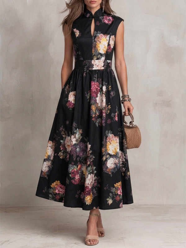 A-line Sleeveless Flower Print Hollow Pleated Pockets Split-Joint Stand Collar Maxi Dresses