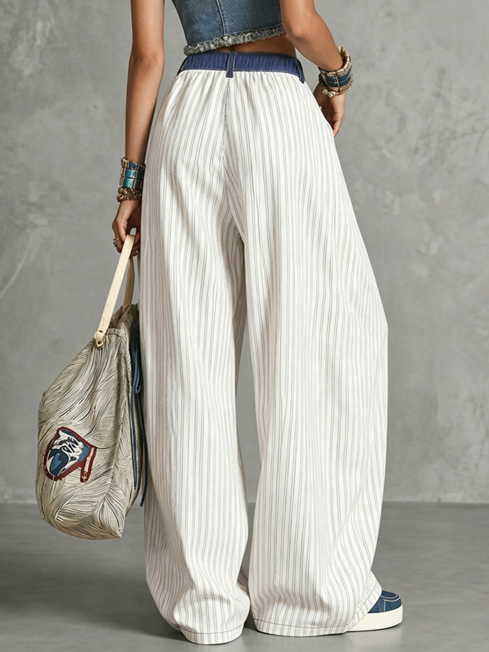 High Waisted Loose Buttoned Contrast Color Pockets Split-Joint Striped Tied Pants Trousers