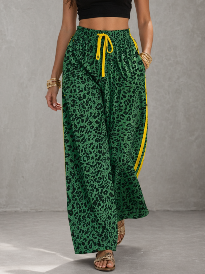High Waisted Loose Contrast Color Drawstring Elasticity Leopard Pockets Striped Pants Trousers