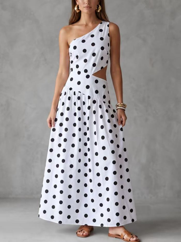 Irregularity Sleeveless Backless Contrast Color Polka Dot Split-Joint One-Shoulder Maxi Dresses