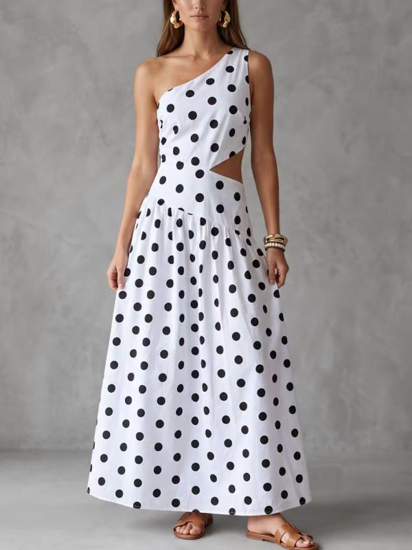 Irregularity Sleeveless Backless Contrast Color Polka Dot Split-Joint One-Shoulder Maxi Dresses