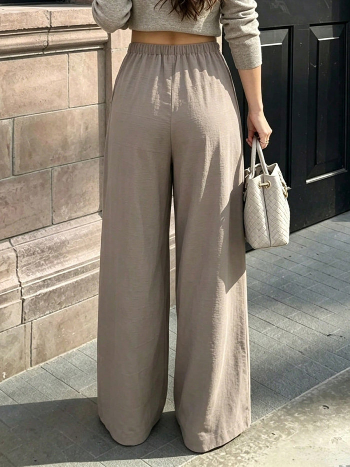 High Waisted Wide Leg Pleated Solid Color Pants Trousers