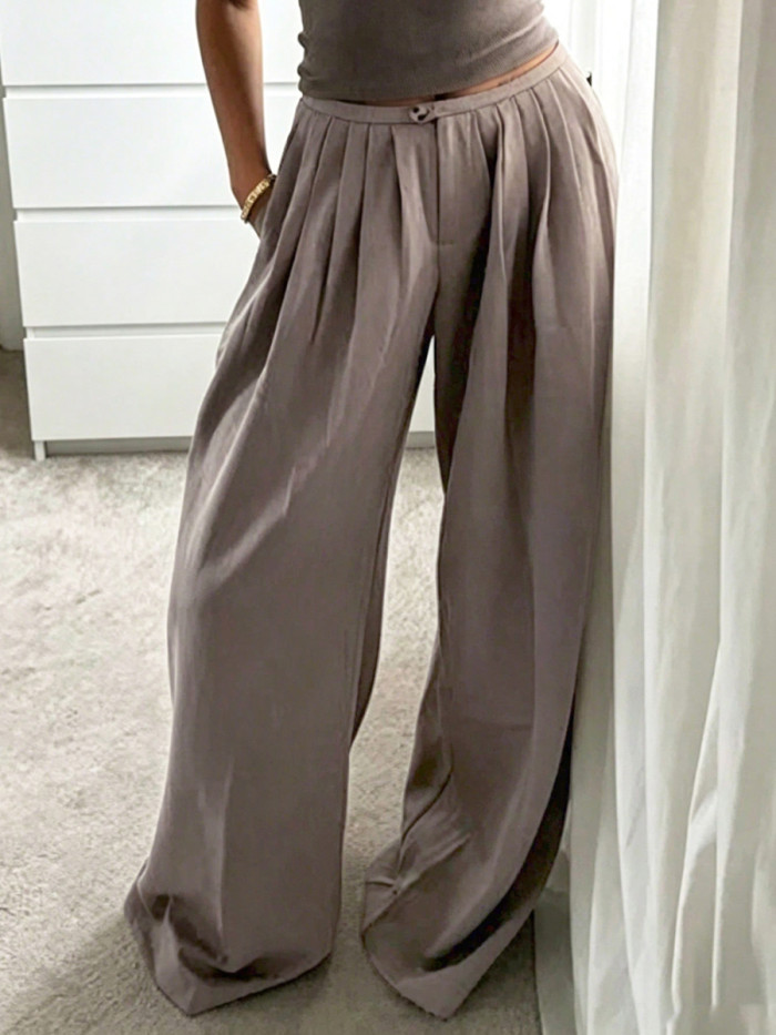 High Waisted Wide Leg Pleated Solid Color Pants Trousers