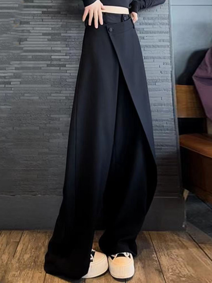 Split-Joint Solid Color Buttoned Wide Leg Irregularity Trousers Pants