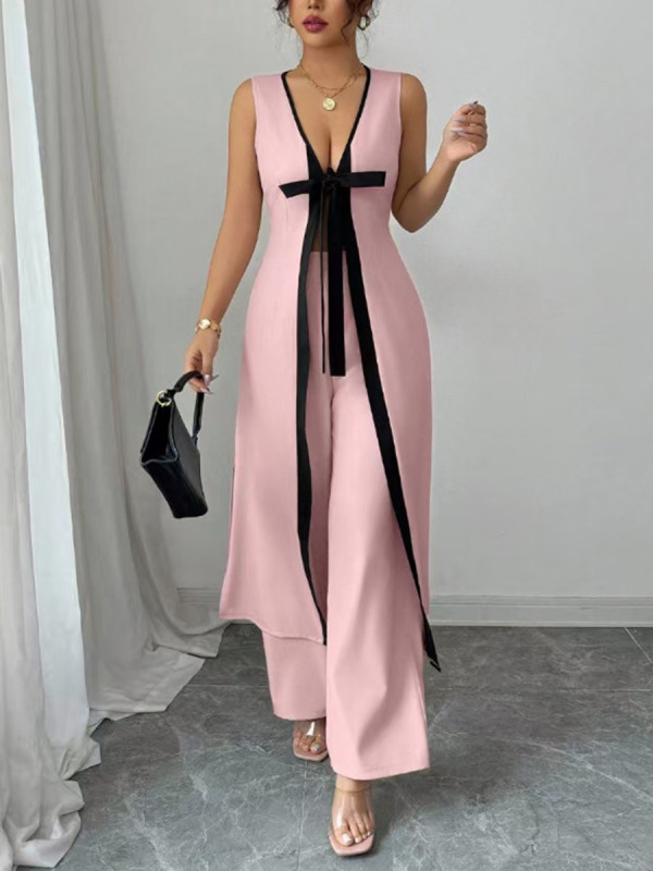 High Waisted Loose Contrast Color Tied Deep V-Neck Blouses&shirts Tops Pants Trousers Two Pieces Set