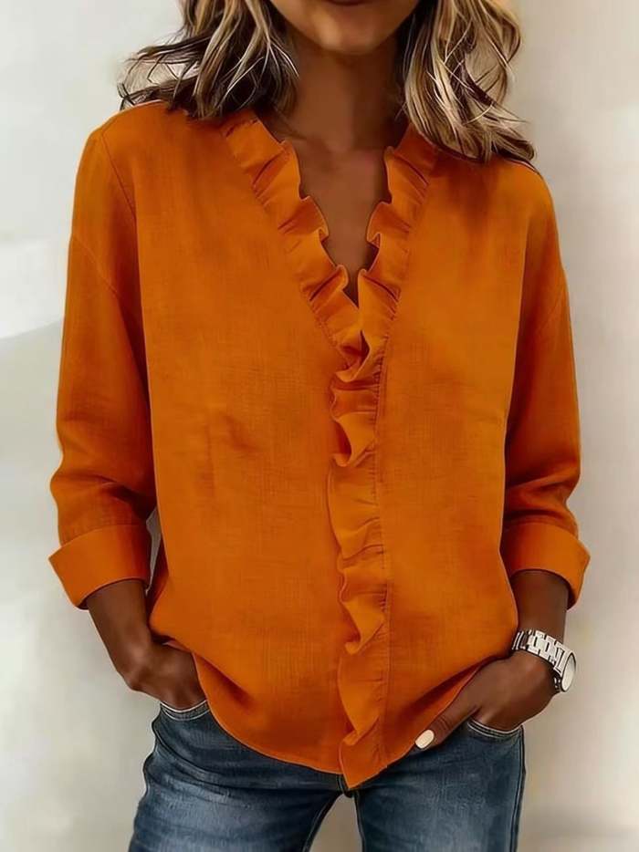 Women's Soft Touch Ruffled V-Neck Blouse – Elegant Long Sleeve Casual Chic Top