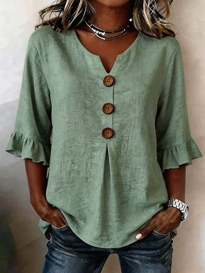 Ruffle-Sleeve Linen Blouse