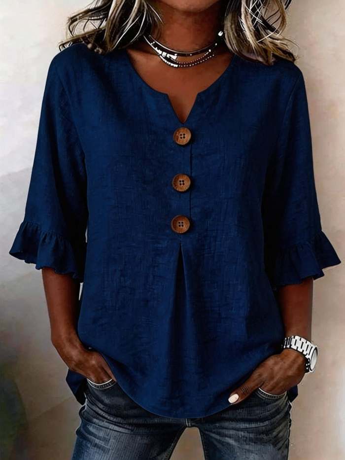 Ruffle-Sleeve Linen Blouse