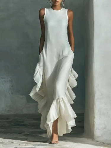 Elegant Ruffled Hem Cotton And Linen Maxi Dress