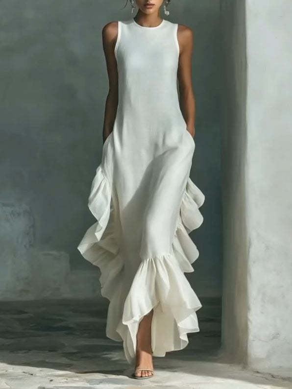Elegant Ruffled Hem Cotton And Linen Maxi Dress