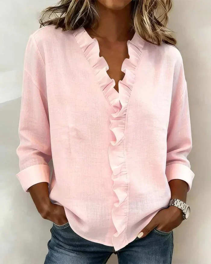 Women's Soft Touch Ruffled V-Neck Blouse – Elegant Long Sleeve Casual Chic Top