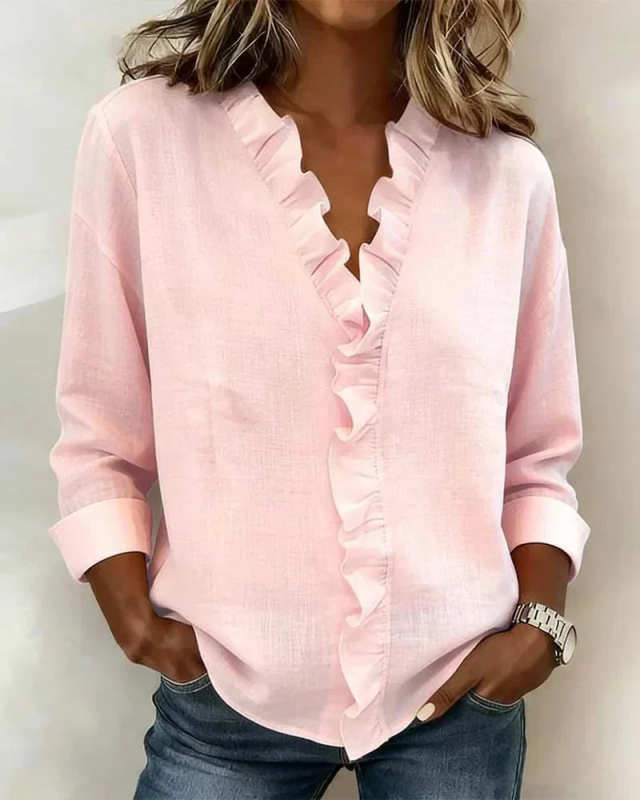 Women's Soft Touch Ruffled V-Neck Blouse – Elegant Long Sleeve Casual Chic Top