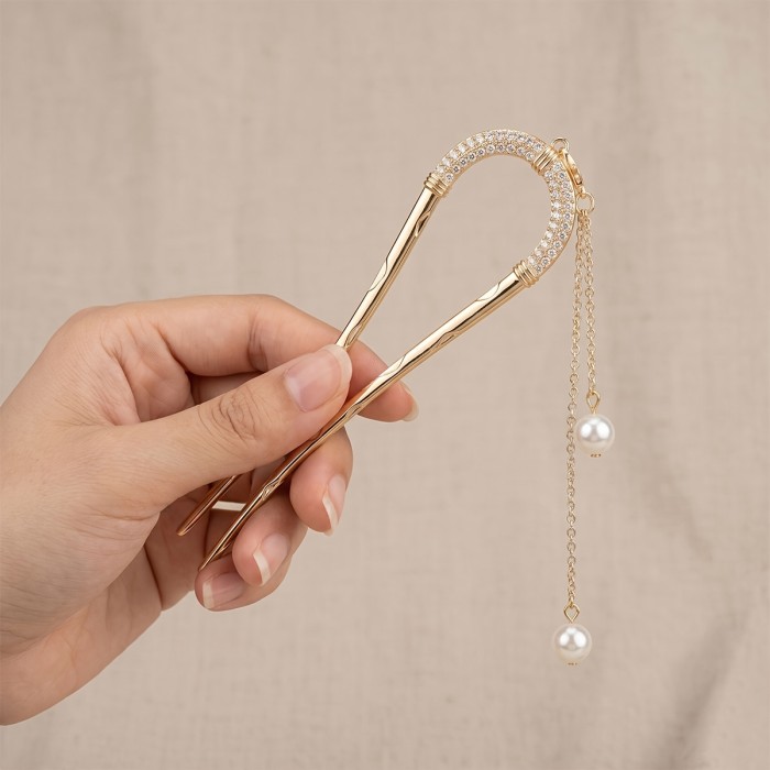 1pc Luxury Golden U-Shaped Hair Pin, Tassel Hair Fork, for Wedding & Office Wear