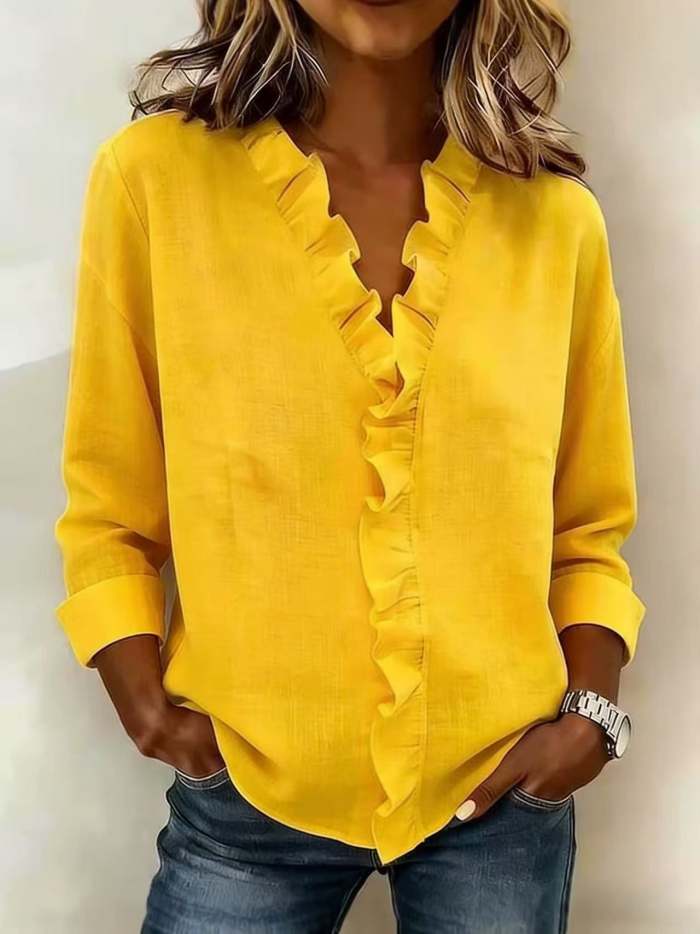 Women's Soft Touch Ruffled V-Neck Blouse – Elegant Long Sleeve Casual Chic Top