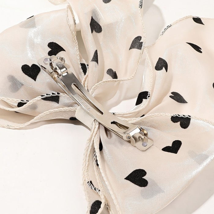 1pc Beige Polka Dot Print Mesh Oversized Bow Wavy Ribbon Spring Clip, Elegant and Gentle Half-Up Half-Down Hair Accessory