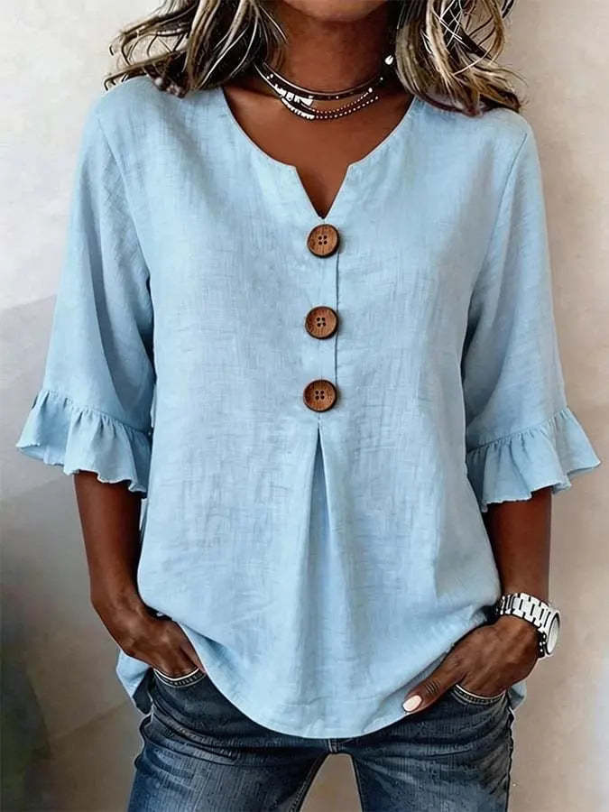 Ruffle-Sleeve Linen Blouse