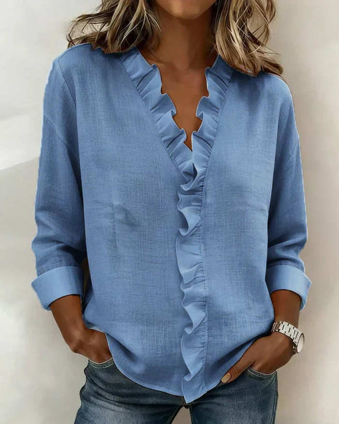 Women's Soft Touch Ruffled V-Neck Blouse – Elegant Long Sleeve Casual Chic Top