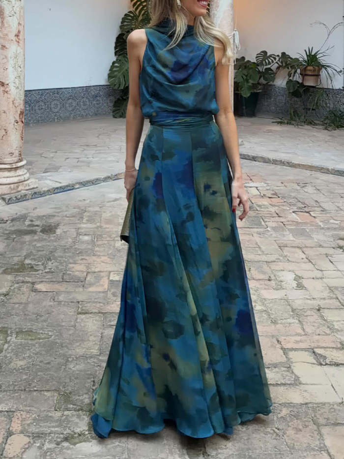 Two-piece Set: Stylish Artistic Print Top And Maxi Skirt