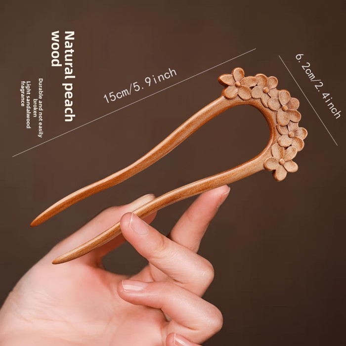 Simple and Exquisite U-Shaped Peach Wood Hairpin for Women, Ancient-Style High-End New Chinese Style Hairpin for Daily Wear, Hanfu and Cheongsam Flower Double Hairpins, Gift Hair Accessory