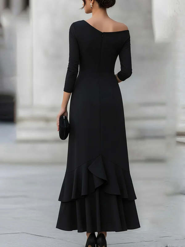 Women's Solid-Color Off-Shoulder Long-Sleeve Casual Loose A-Line Dress