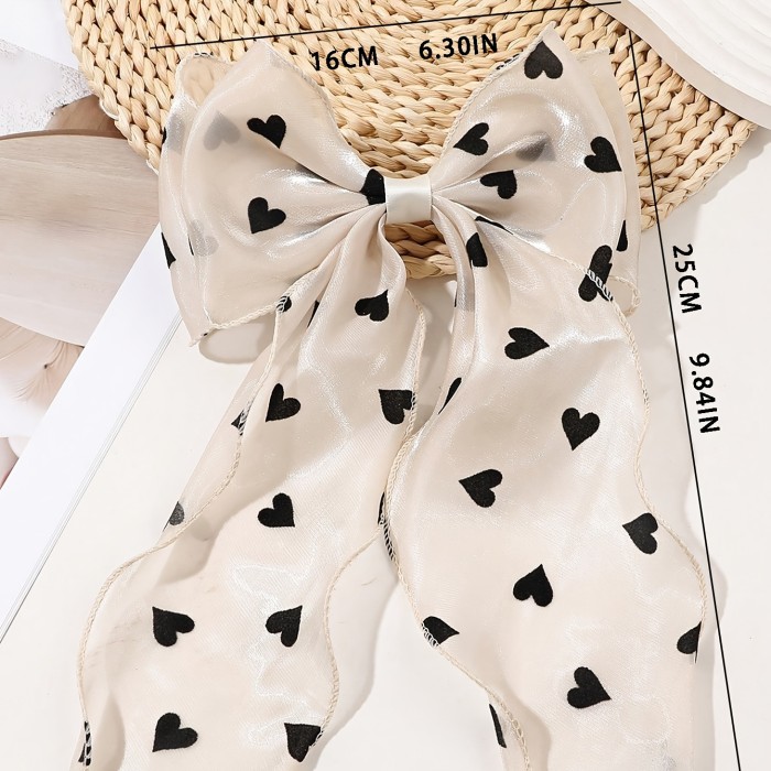 1pc Beige Polka Dot Print Mesh Oversized Bow Wavy Ribbon Spring Clip, Elegant and Gentle Half-Up Half-Down Hair Accessory