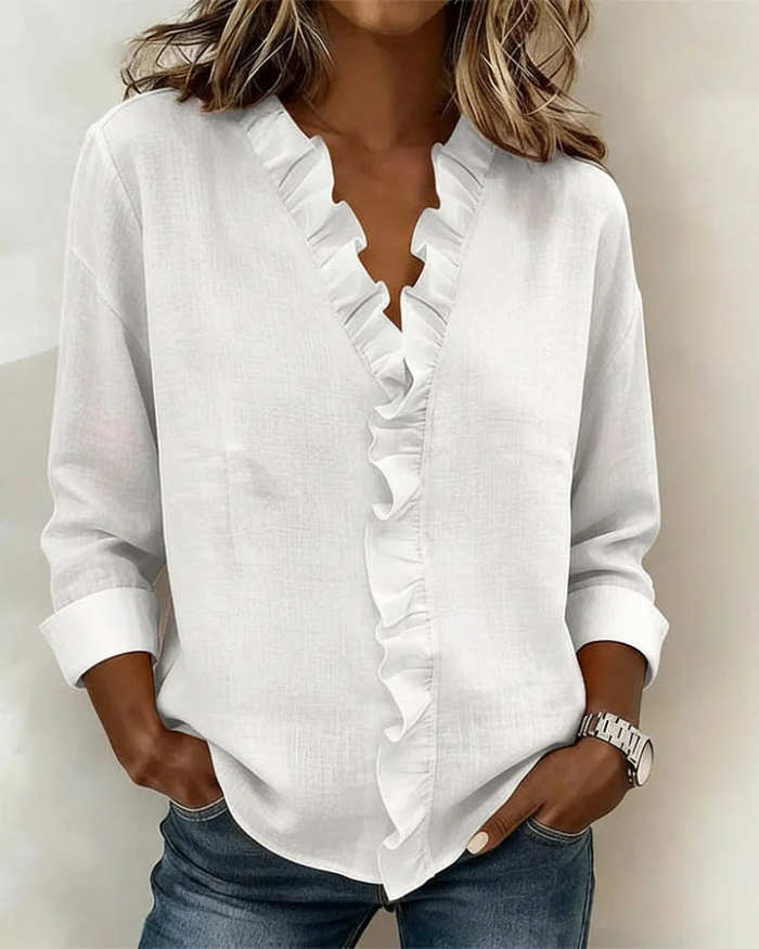 Women's Soft Touch Ruffled V-Neck Blouse – Elegant Long Sleeve Casual Chic Top