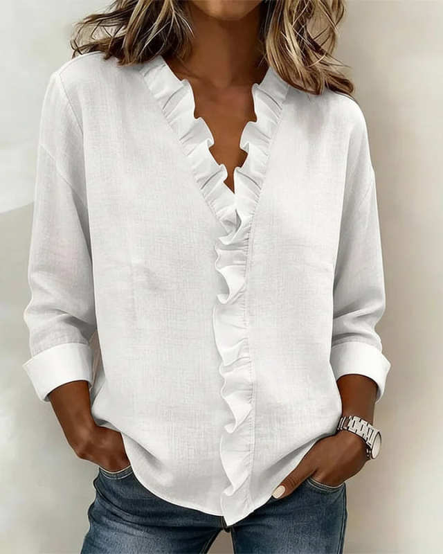 Women's Soft Touch Ruffled V-Neck Blouse – Elegant Long Sleeve Casual Chic Top