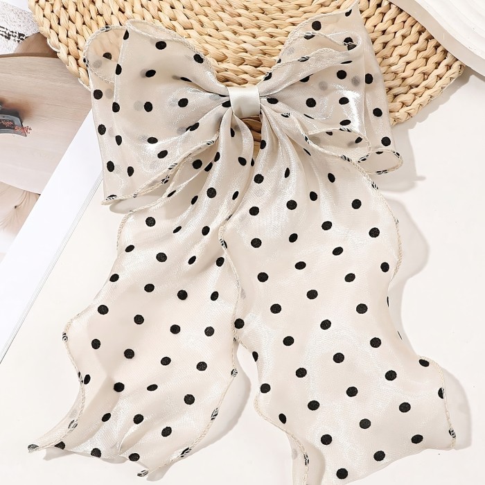 1pc Beige Polka Dot Print Mesh Oversized Bow Wavy Ribbon Spring Clip, Elegant and Gentle Half-Up Half-Down Hair Accessory