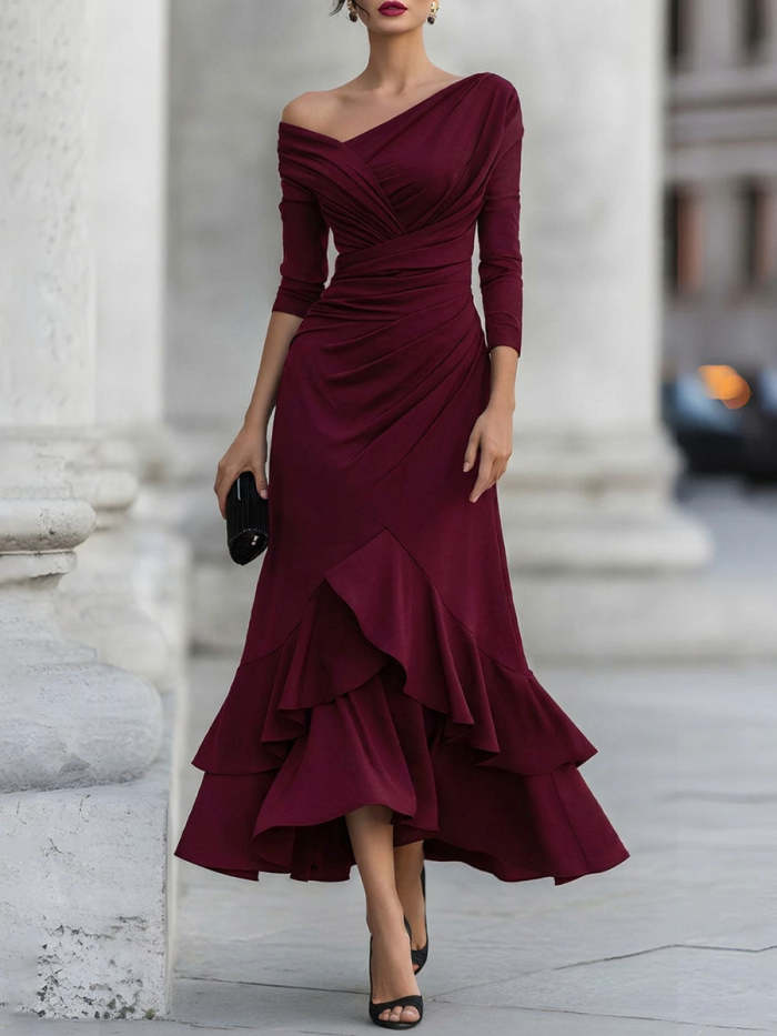 Women's Solid-Color Off-Shoulder Long-Sleeve Casual Loose A-Line Dress