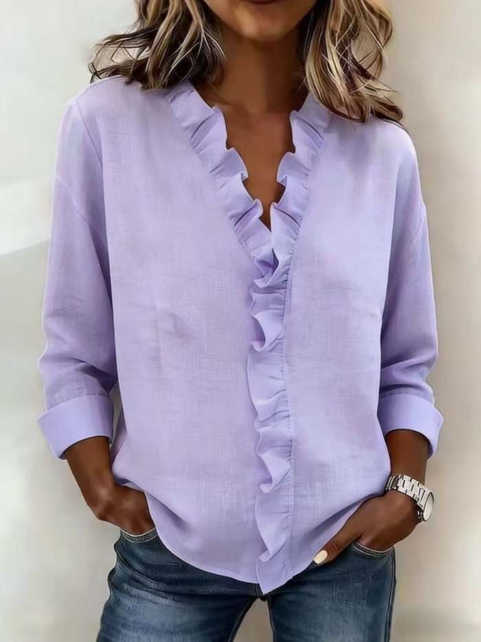 Women's Soft Touch Ruffled V-Neck Blouse – Elegant Long Sleeve Casual Chic Top
