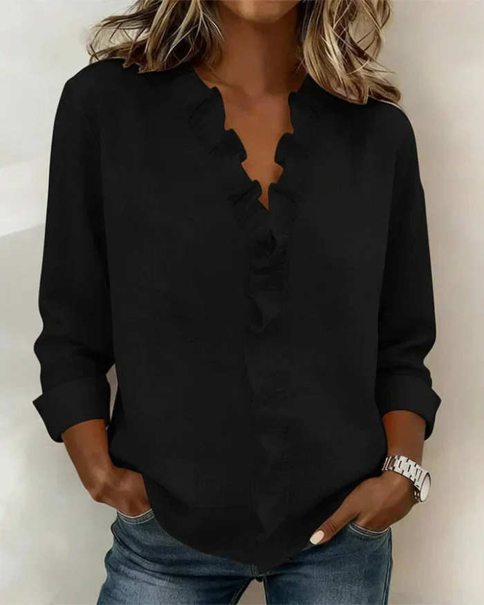 Women's Soft Touch Ruffled V-Neck Blouse – Elegant Long Sleeve Casual Chic Top