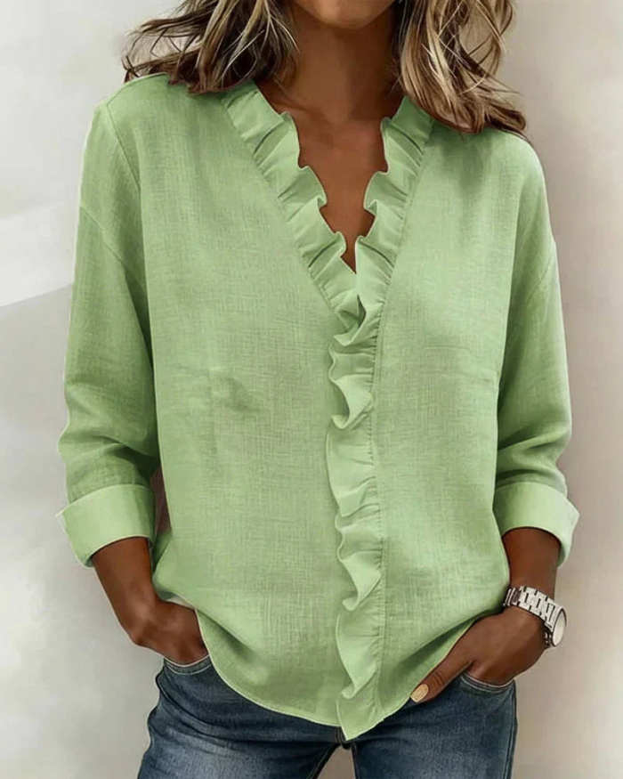 Women's Soft Touch Ruffled V-Neck Blouse – Elegant Long Sleeve Casual Chic Top
