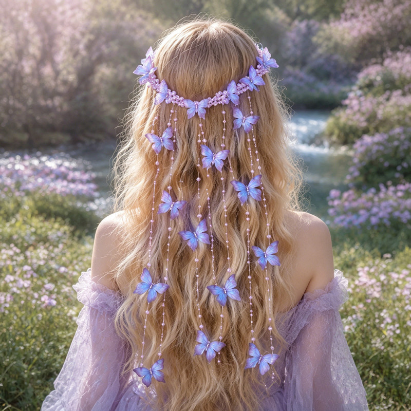 Boho Fairy Flower Hair Vine with Butterfly & Dangle, Romantic Bridal Back Headpiece for Women, Party & Photoshoot Hair Accessory
