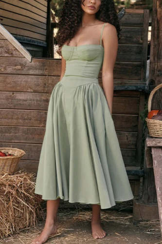 Pleated Square Neck Sling Midi Dress
