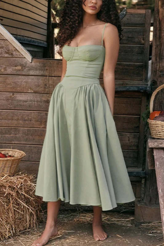Pleated Square Neck Sling Midi Dress